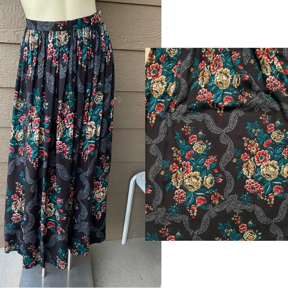 Leslie Lucks vintage floral print gathered maxi skirt, high waist skirt, size 4 - Picture 1 of 12